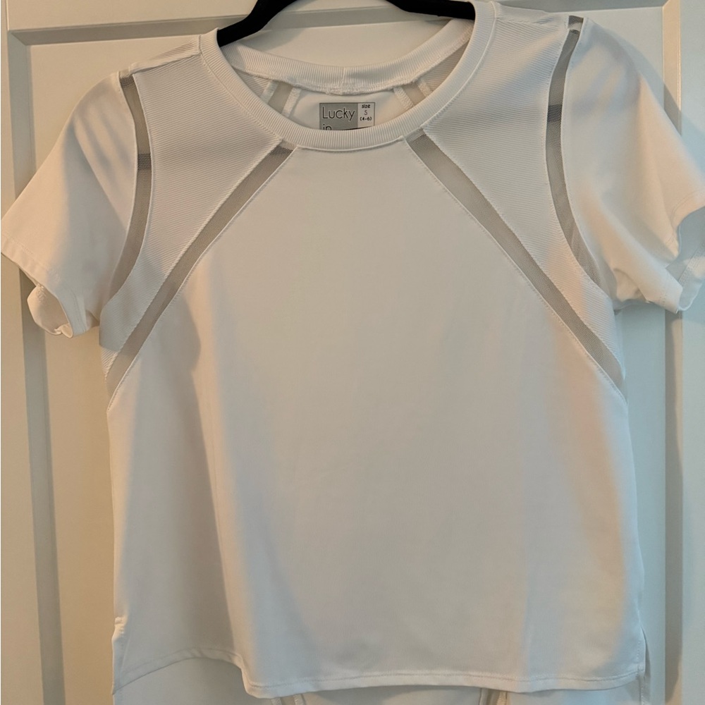 Lucky in Love White Mesh Accent Short Sleeve Top - Tennis